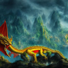 Vivid dragon artwork on mountain ledge with red-winged foreground dragon