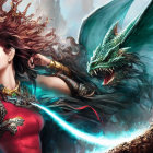 Warrior woman with glowing sword battles green dragon in fantastical scene