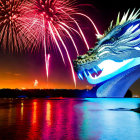 Colorful fireworks light up night sky over water with dragon-shaped structure