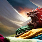 Majestic red dragon on colorful fabrics with dramatic sky backdrop