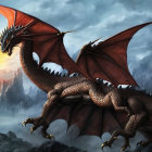 Red dragon with black spikes and large wings on rocky terrain with stormy sky and sea