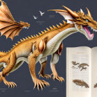 Detailed Dragon Illustration with Spread Wings and Scales Next to Dragon Designs on Book Pages