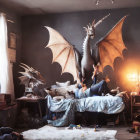 Large dragon with wings and woman in medieval-themed room bed.