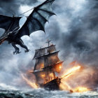 Dragon breathing fire on sailing ship in stormy sea