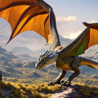 Majestic dragon perched on rocky cliff with widespread wings