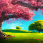 Majestic dragon under pink cherry blossom tree in lush meadow