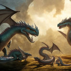 Three dragons on rocky landscape with foggy mountains and cloudy sky