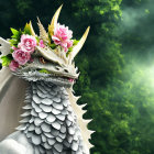 Majestic dragon with pink flower crown in lush forest landscape