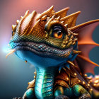 Colorful digital illustration of whimsical dragon with golden spikes, expressive eyes, blue and orange hues