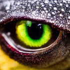 Vibrant green and black reptile eye with textured scales and water droplets