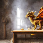 Golden dragon beside wooden table in misty room with sunlight through arched window