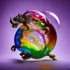 Iridescent glass orb in metallic dragon sculpture on purple backdrop