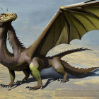 Detailed illustration of majestic dragon with green eyes, expansive wings, sharp claws, and scales, in barren