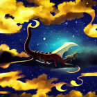 Dragon flying in mystical night sky over moonlit mountains