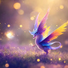 Colorful mythical dragon in magical meadow with vibrant wings