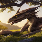 Majestic dragon with large horns and scales resting under a tree in serene landscape