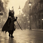 Elaborately armored figure with horned helmet strolls misty vintage street.