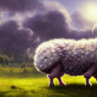 Fluffy purple sheep with horns in lush green field under dramatic sky