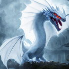 Blue Dragon with Glowing Red Eyes Perched on Stone Structure