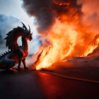 Two dragons breathing fire under dramatic sky