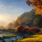 Autumn Sunrise Landscape with Blue Dragon Head in Misty Setting