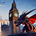 Red dragon beside Big Ben tower under dramatic sunset sky with birds.