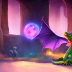 Colorful Illustration: Green Dragon, Blue Creature, Enchanted Forest