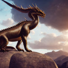 Majestic dragon on rocky terrain under dramatic sunset sky