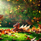 Toy Dinosaur in Autumn Leaves on Sunlit Grass with Greenery Bokeh