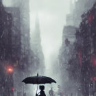 Figure with umbrella in rain-soaked city street with neon signs and flying creatures at dusk