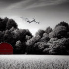 Monochrome photo: Red barn in field with dragons and trees