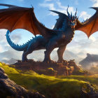 Blue Dragon Standing on Mountain Landscape under Bright Sky