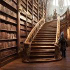 Majestic library with towering bookshelves and armored figure