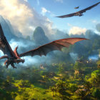 Majestic dragons soar over sunlit valley and misty mountains