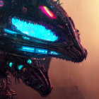 Detailed Cybernetic Creature with Glowing Eyes in Futuristic Cityscape