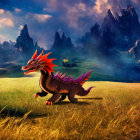 Digital artwork: Fierce dragon with red spikes in mountain landscape