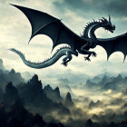 Majestic dragon flying over misty rocky landscape