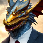 Dragon in Suit and Tie Against Sunset Sky