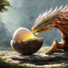 Majestic dragon with glowing egg in mystical forest setting