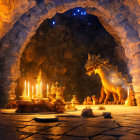 Dragon in candlelit cave with scattered gold coins