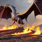 Majestic dragon on fiery landscape with spread wings