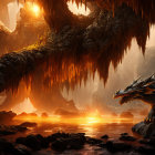 Majestic dragon in cavernous landscape with molten lava river