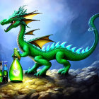 Colorful Dragon with Potions on Rocky Outcrop