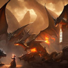 Robed Figure Confronts Dragons in Grand Hall