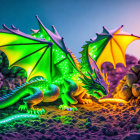 Vibrant toy dragons with spread wings in colorful lighting