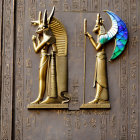 Golden Egyptian bas-relief featuring Anubis, warrior, hieroglyphs