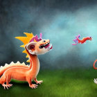 Orange lizard-like creatures with crowns playing in mystical forest with floating dragons