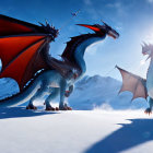 Blue and Red Dragons in Snowy Landscape with Flying Figure