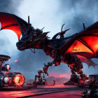 Mechanical dragon with red glowing wings in futuristic setting at dusk