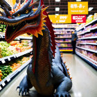 Colorful Dragon Toy in Grocery Store Aisle with Produce Shelves and Shopper